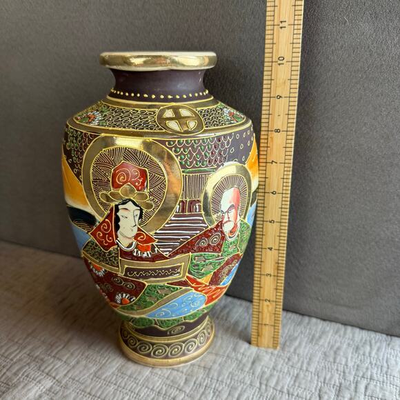 Set Pair of 2 Satsuma Vases Urns Japan Gilted Gold Tone Hand Painted Matching - Picture 11 of 11